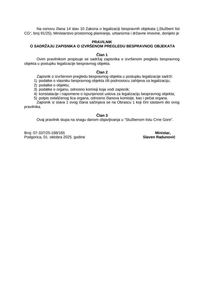 Pravilnik o sadržaju zapisnika o izvršenom pregledu bespravnog objekta