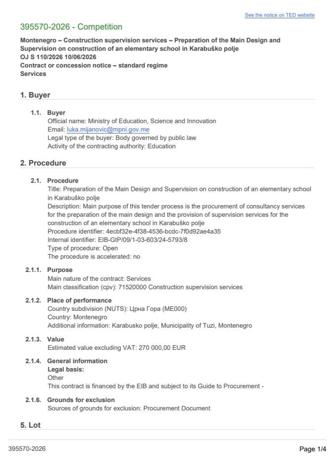 395570-2026 - Competition - Montenegro – Construction supervision services – Preparation of the Main Design and Supervision on construction of an elementary school in Karabuško polje