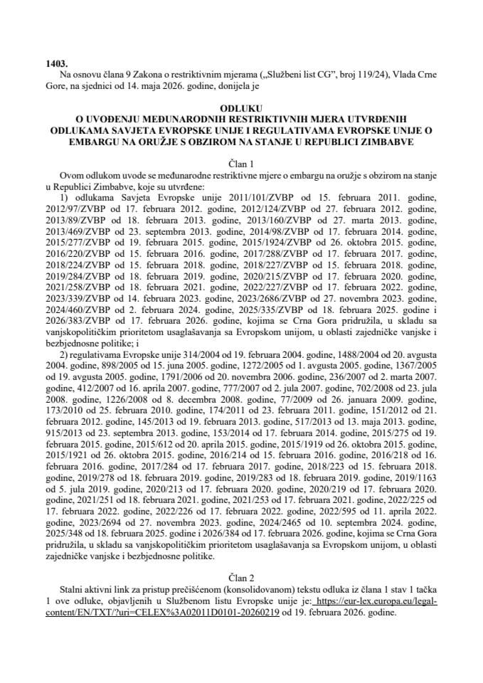 Odluka o uvođenju međunarodnih restriktivnih mjera utvrđenih odlukama Savjeta Evropske unije i regulativama Evropske unije o embargu na oružje s obzirom na stanje u Republici Zimbabve – s prevodima