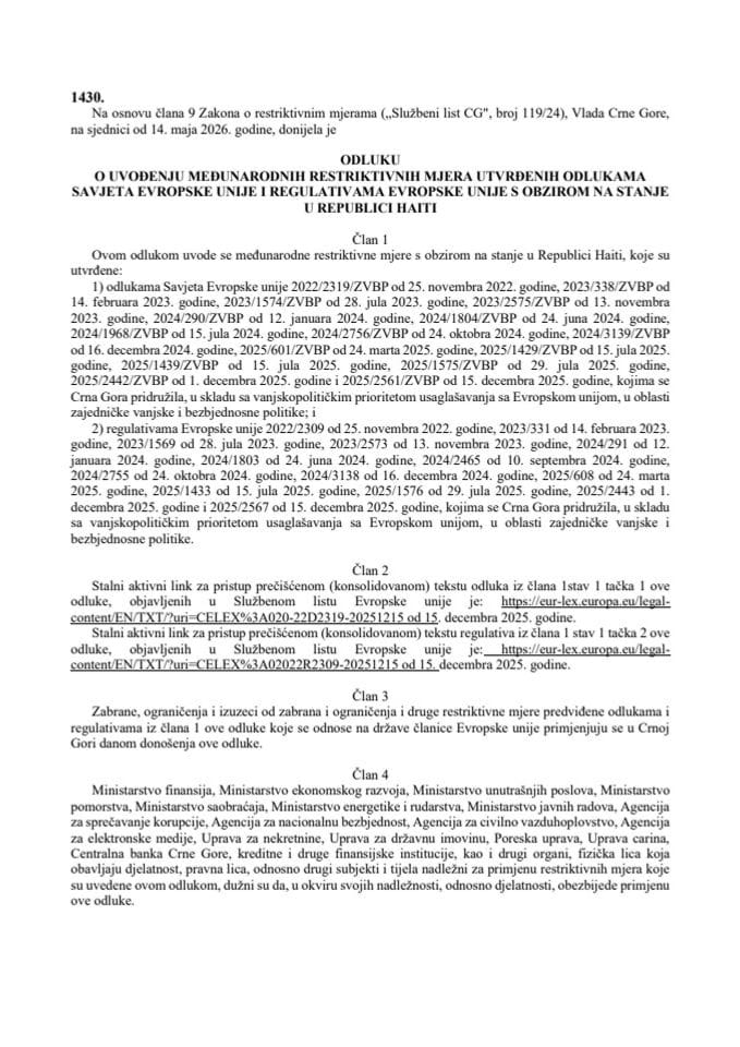 Odluka o uvođenju međunarodnih restriktivnih mjera utvrđenih odlukama Savjeta Evropske unije i regulativama Evropske unije s obzirom na stanje u Republici Haiti – s prevodima