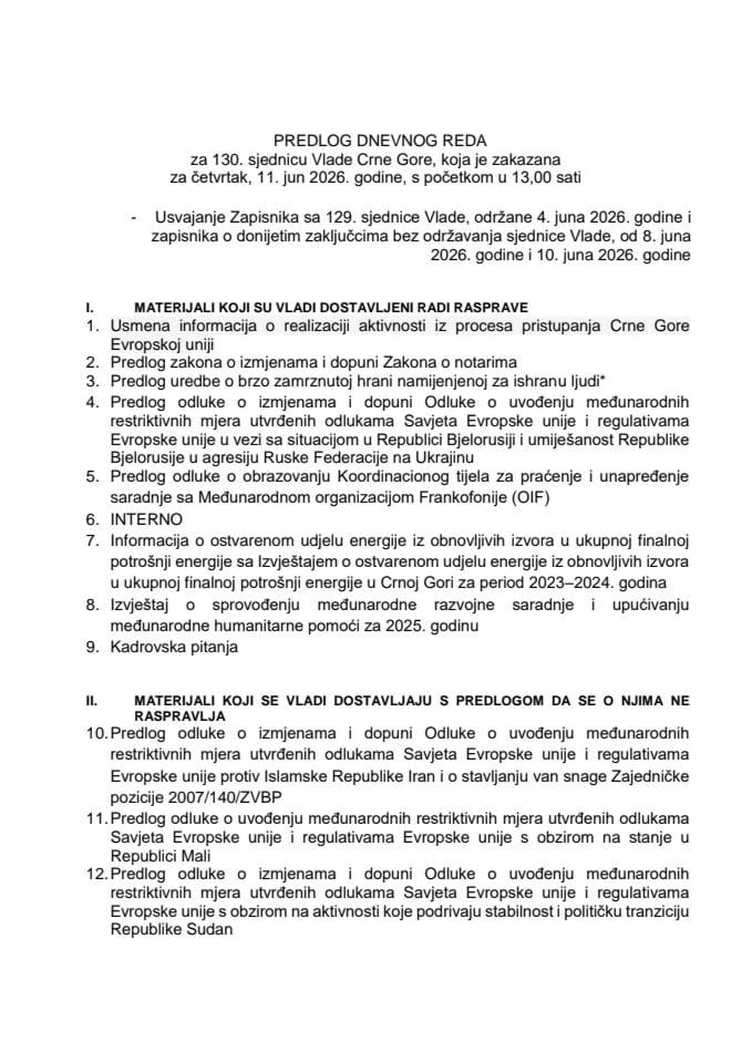Predlog dnevnog reda za 130. sjednicu Vlade Crne Gore