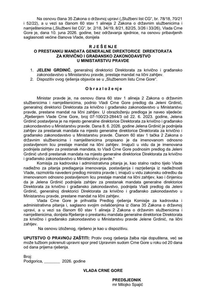 Predlog za prestanak mandata generalne direktorice Direktorata za krivično i građansko zakonodavstvo u Ministarstvu pravde