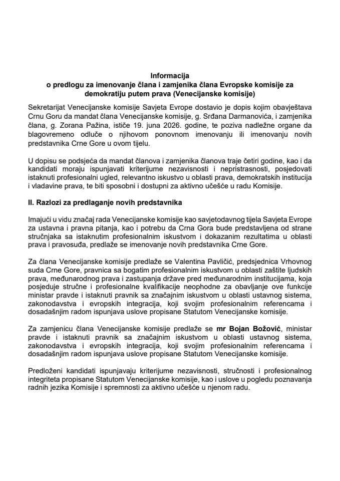 Informacija o predlogu za imenovanje člana i zamjenika člana Evropske komisije za demokratiju putem prava (Venecijanske komisije)