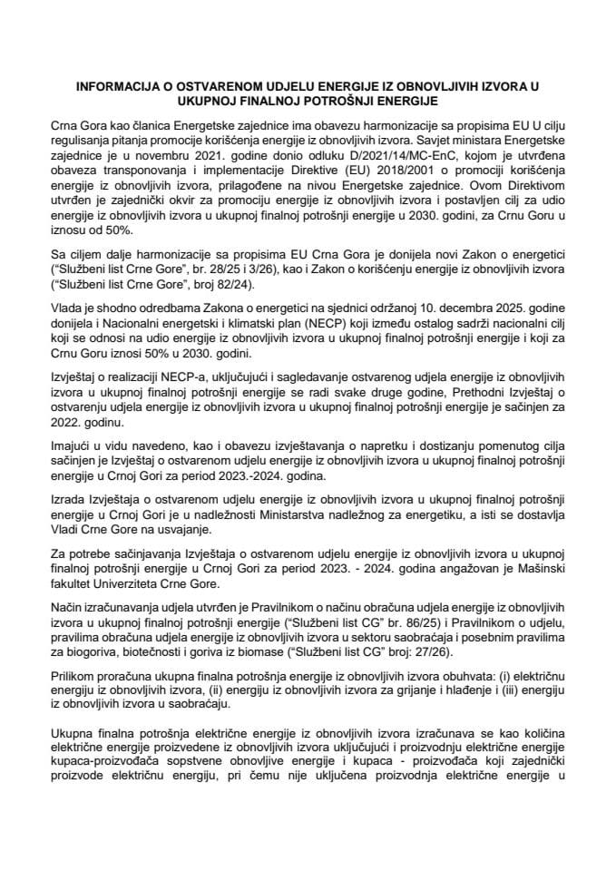 Informacija o ostvarenom udjelu energije iz obnovljivih izvora u ukupnoj finalnoj potrošnji energije sa Izvještajem o ostvarenom udjelu energije iz obnovljivih izvora u ukupnoj finalnoj potrošnji energije u Crnoj Gori za period 2023–2024. godina