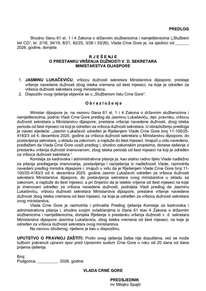 Predlog za prestanak vršenja dužnosti v. d. sekretara Ministarstva dijaspore