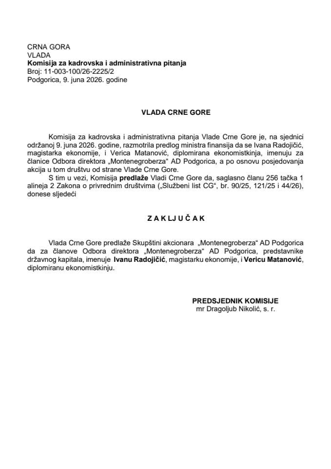 Predlog za imenovanje članova Odbora direktora „Montenegroberza“ AD Podgorica