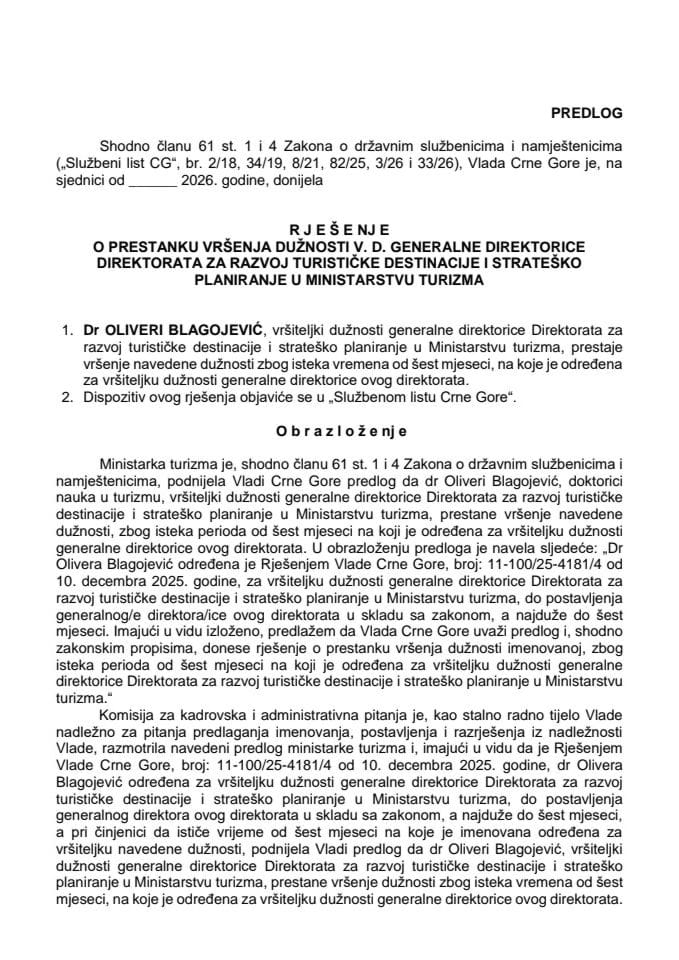 Predlog za prestanak vršenja dužnosti v. d. generalne direktorice Direktorata za razvoj turističke destinacije i strateško planiranje u Ministarstvu turizma