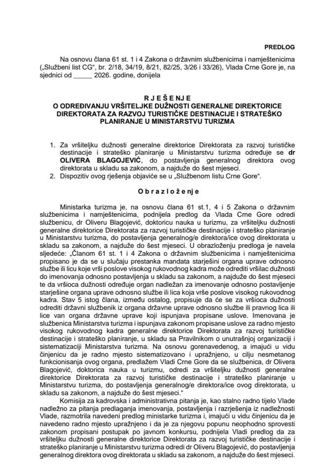 Predlog za određivanje vršiteljke dužnosti generalne direktorice Direktorata za razvoj turističke destinacije i strateško planiranje u Ministarstvu turizma