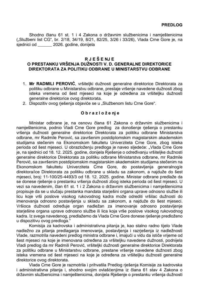 Predlog za prestanak vršenja dužnosti v. d. generalne direktorice Direktorata za politiku odbrane u Ministarstvu odbrane