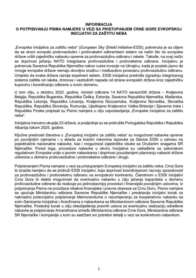 Informacija o potpisivanju Pisma namjere u vezi sa pristupanjem Crne Gore Evropskoj inicijativi za zaštitu neba s Predlogom pisma