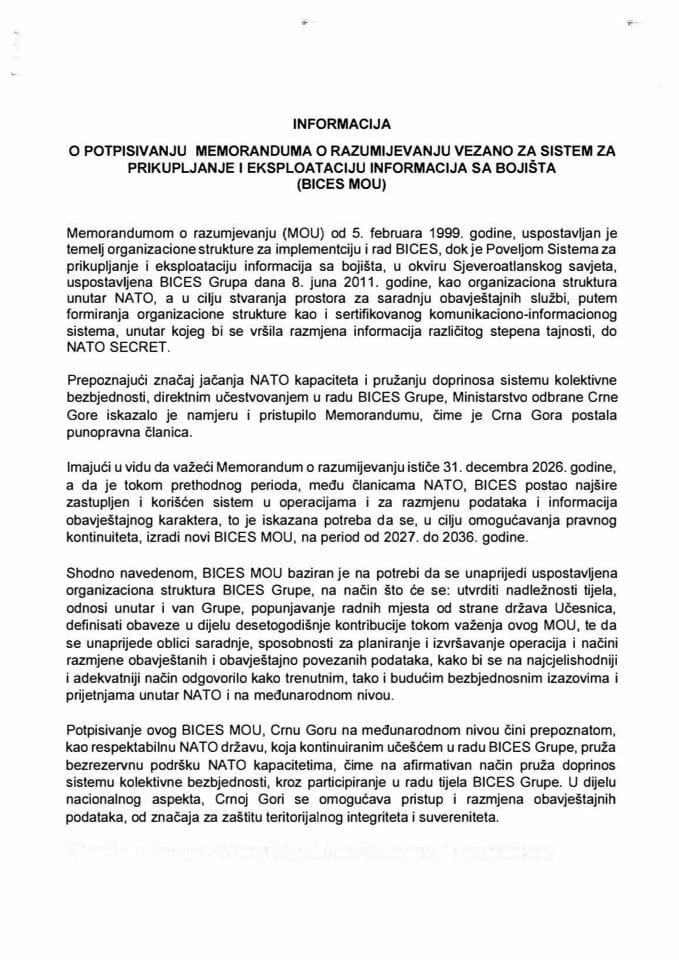Informacija o potpisivanju Memoranduma o razumijevanju vezano za sistem za prikupljanje i eksploataciju informacija sa bojišta (BICES MOU) s Predlogom memoranduma