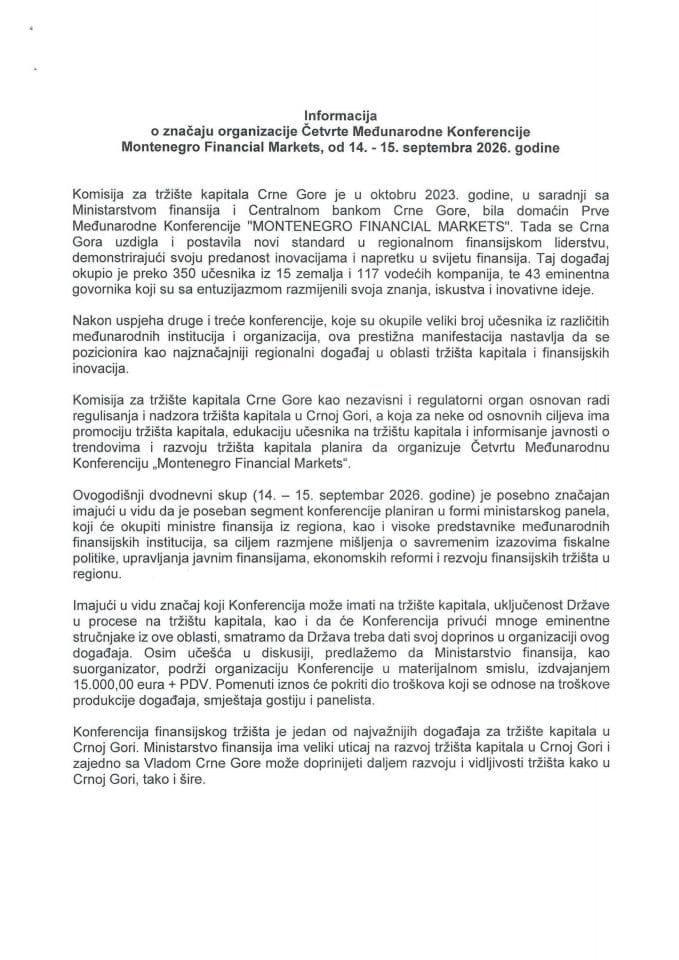 Informacija o značaju organizacije Četvrte Međunarodne Konferencije Montenegro Financial Markets, od 14-15. septembra 2026. godine s Predlogom ugovora o poslovnoj saradnji