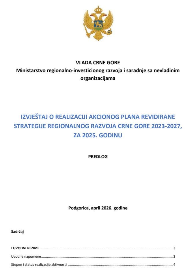 Izvještaj o realizaciji Akcionog plana Revidirane strategije regionalnog razvoja Crne Gore 2023 - 2027, za 2025. godinu