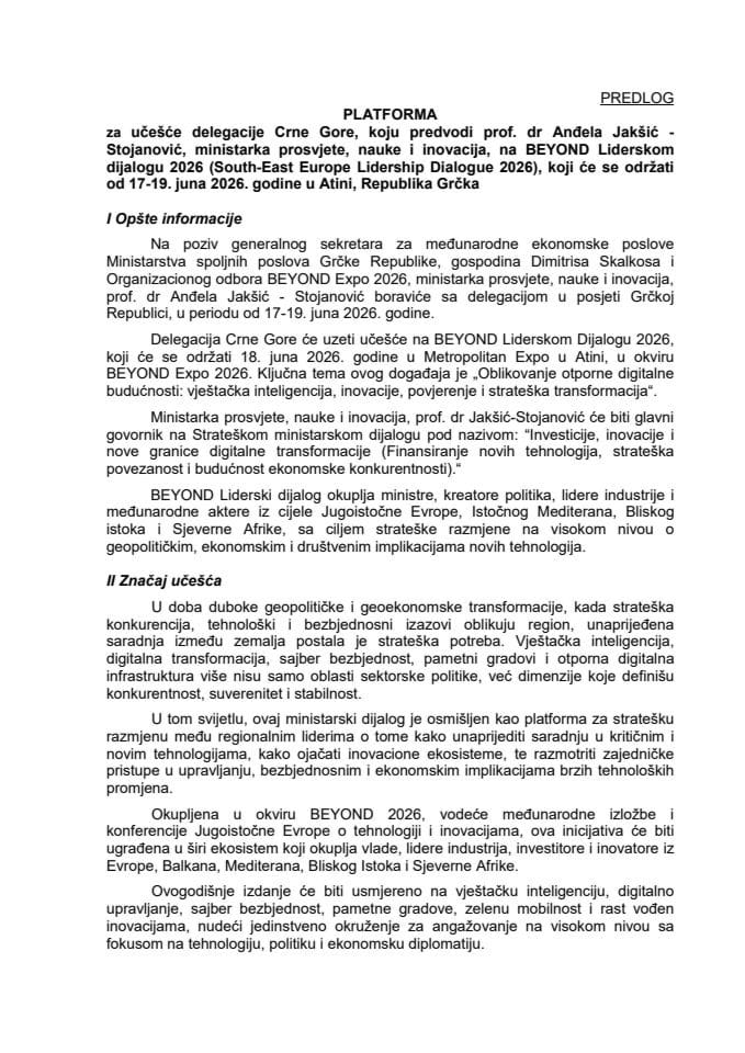 Predlog platforme za učešće delegacije Crne Gore, koju predvodi prof. dr Anđela Jakšić-Stojanović, ministarka prosvjete, nauke i inovacija, na BEYOND Liderskom dijalogu 2026 (South-East Europe Lidership Dialogue 2026)