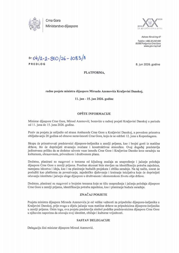 Predlog platforme radne posjete ministra dijaspore Mirsada Azemovića Kraljevini Danskoj, 11. jun - 15. jun 2026. godine