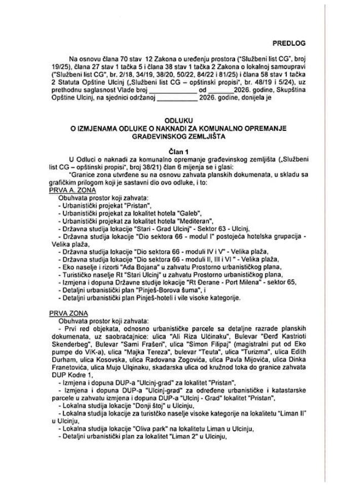 Predlog odluke o izmjenama Odluke o naknadi za komunalno opremanje građevinskog zemljišta Opštine Ulcinj
