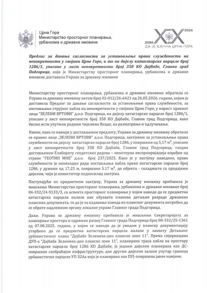 Predlog za davanje saglasnosti za ustanovljenje prava službenosti na nepokretnosti u svojini Crne Gore, i to na dijelu katastarske parcele broj 1286/1, upisane u list nepokretnosti broj 358 KO Dajbabe, Glavni grad Podgorica