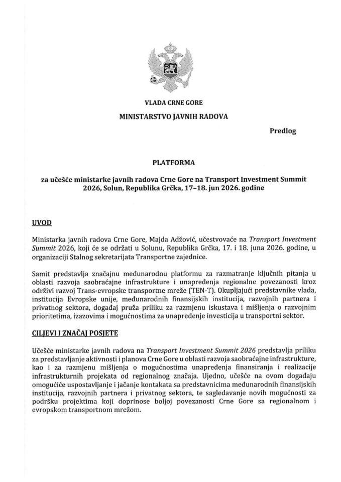Predlog platforme za učešće ministarke javnih radova Crne Gore Majde Adžović na Transport Investment Summit 2026, Solun, Republika Grčka, 17-18. jun 2026. godine