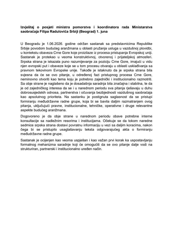 Izvještaj o posjeti ministra pomorstva i koordinatora rada Ministarstva saobraćaja Filipa Radulovića Srbiji (Beograd) 1. juna 2026. godine