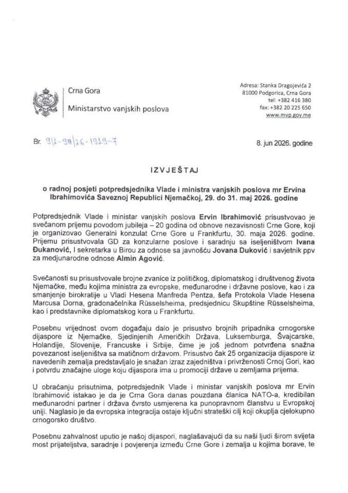 Izvještaj o radnoj posjeti potpredsjednika Vlade i ministra vanjskih poslova mr Ervina Ibrahimovića Saveznoj Republici Njemačkoj, od 29. do 31. maja 2026. godine