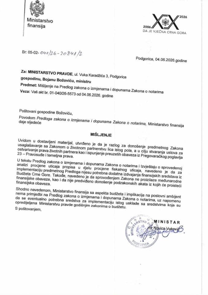 Mišljenje na Predlog zakona o izmjenama i dopunama zakona o notarima