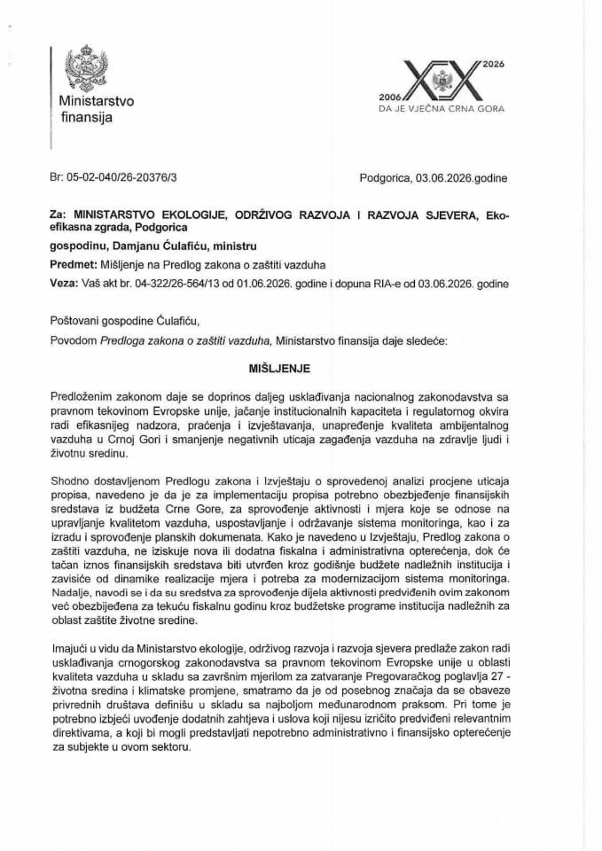 Mišljenje na Predlog zakona o zaštiti vazduha