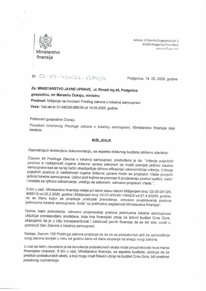 Mišljenje na inovirani Predlog zakona o lokalnoj samoupravi