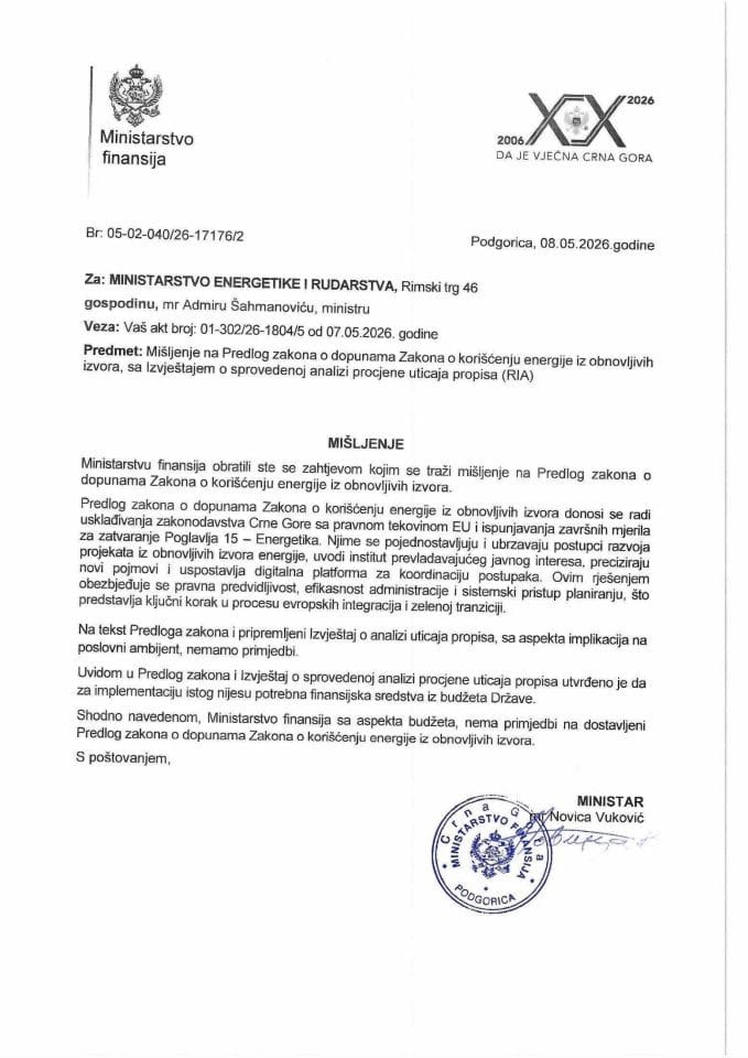 Mišljenje na Predlog zakona o dopunama Zakona o korišćenju energije iz obnovljivih izvora, sa Izvještajem o sprovedenoj analizi RIA