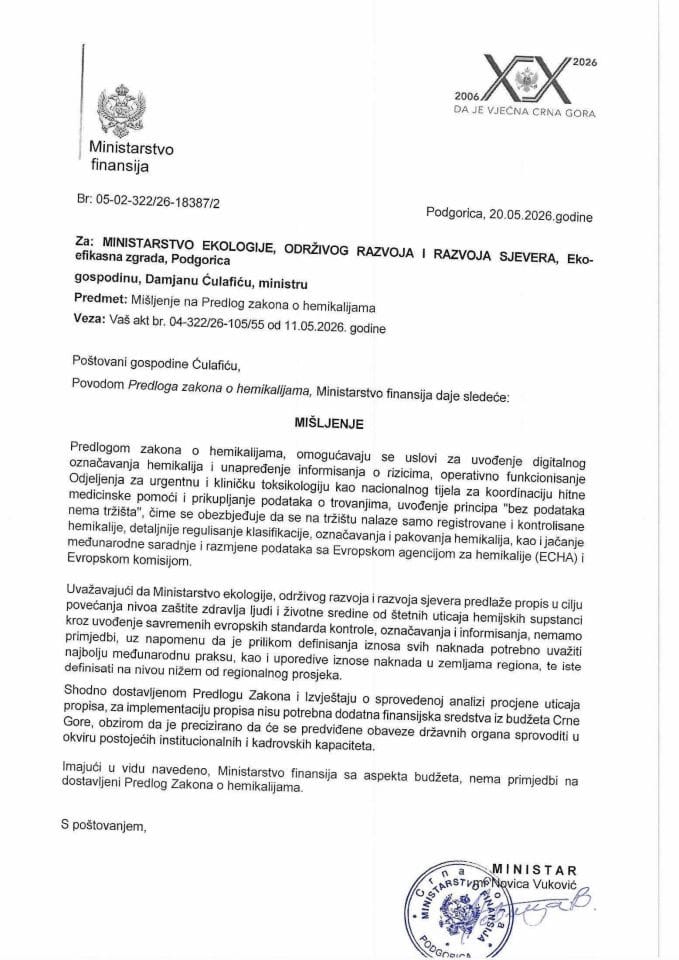 Mišljenje na Predlog zakona o hemikalijama