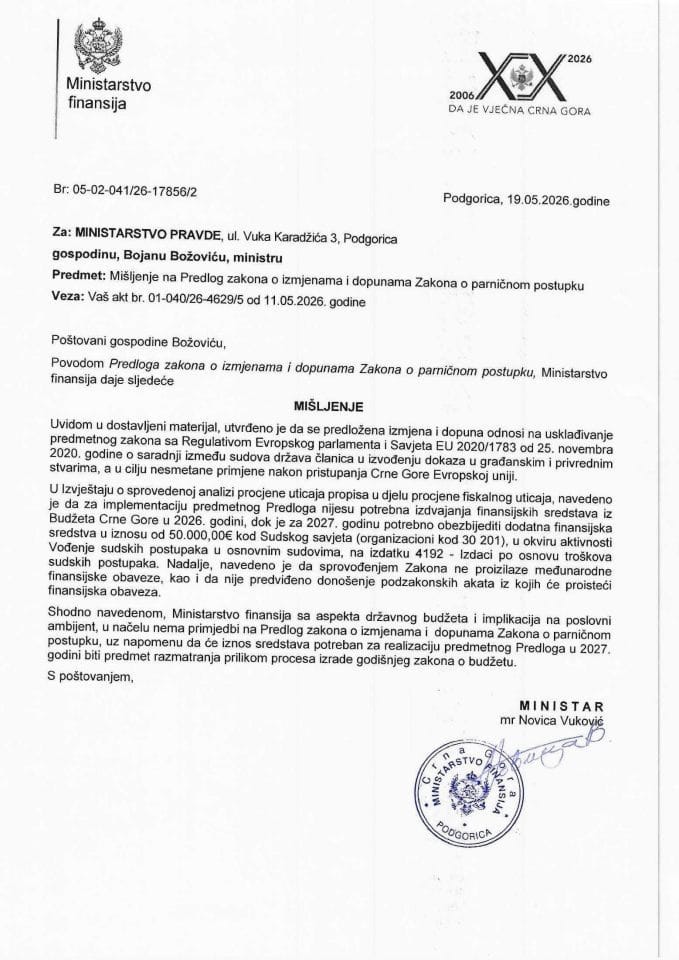 Mišljenje na Predlog zakona o izmjenama i dopunama Zakona o parničnom postupku