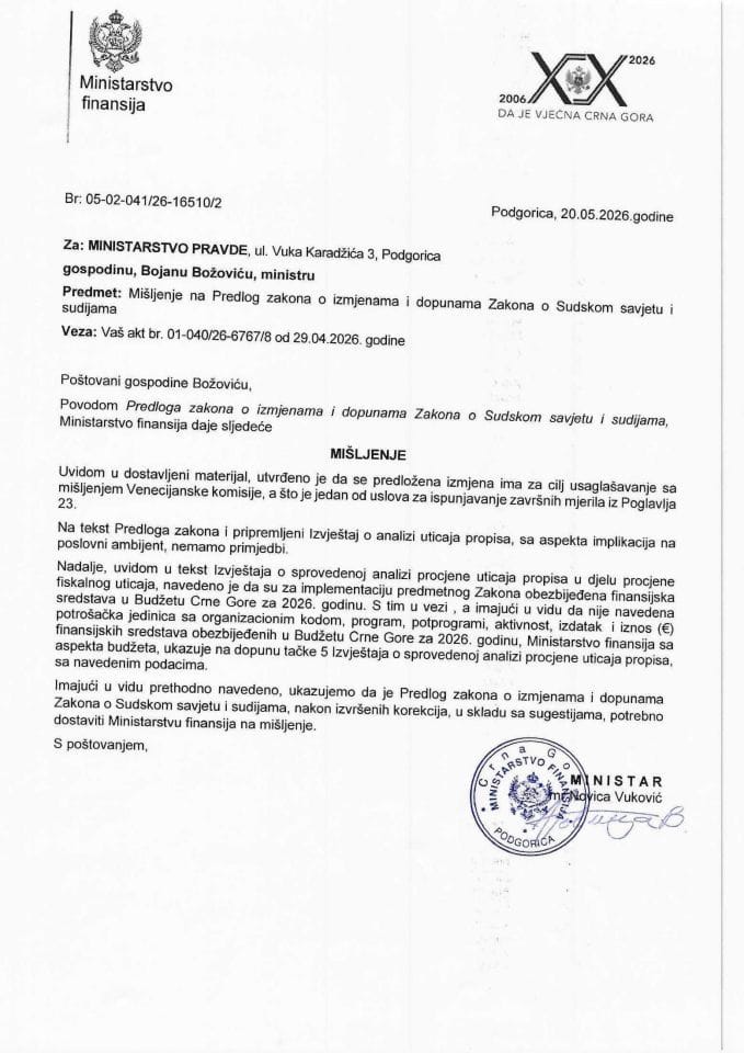 Mišljenje na predlog zakona o izmjenama i dopunama Zakona o sudskom savjetu i sudijama