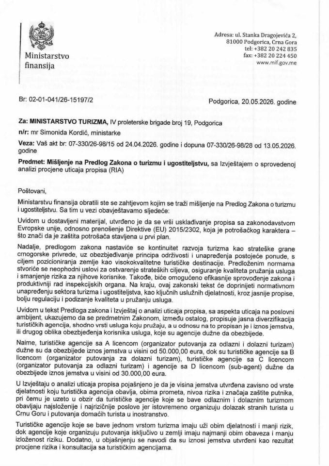 Mišljenje na Predlog zakona o turizmu i ugostiteljstvu