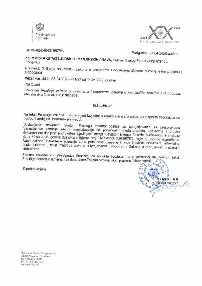 Mišljenje na Predlog zakona o izmjenama i dopunama Zakona o manjinskim pravima i slobodama