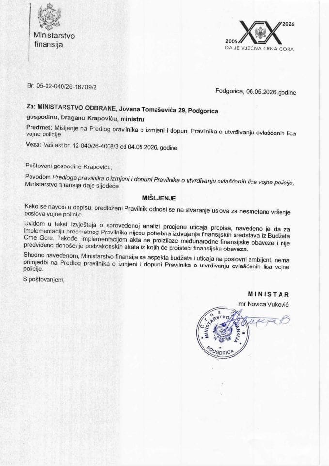 Mišljenje na predlog pravilnika o izmjeni i dopuni pravilnika o utvrdjivanju ovlašćenih lica vojne policije