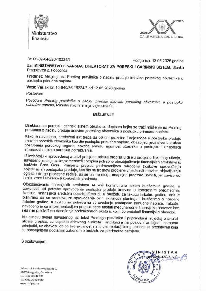 Mišljenje na Predlog pravilnika o načinu prodaje imovine poreskog obveznika u postupku prinudne naplate