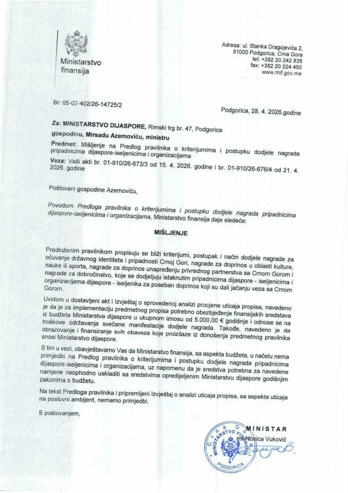 Mišljenje na Predlog pravilnika o kriterijumima i postupka dodjele nagrade pripadnicima dijaspore iseljenicima i organizacijama dijaspore-iseljenika