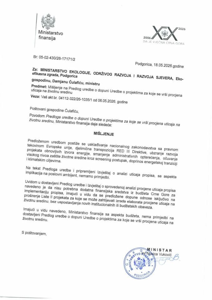 Predlog uredbe o dopuni Uredbe o projektima za koje vrše procjena uticaja na životnu sredinu