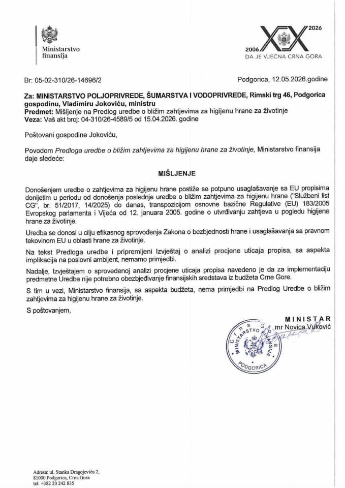 Mišljenje na predlog uredbe o bližim zahtjevima za higijenu hrane za životinje