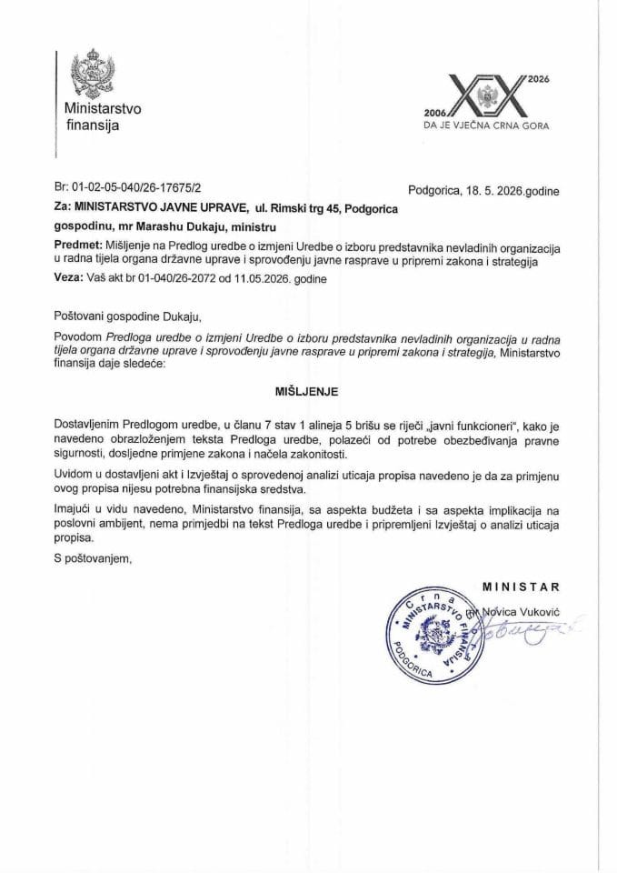 Mišljenje na Predlog uredbe o izmjeni Uredbe o izboru predstavnika NVO u radna tijela organa državne uprave i sprovođenju javne rasprave
