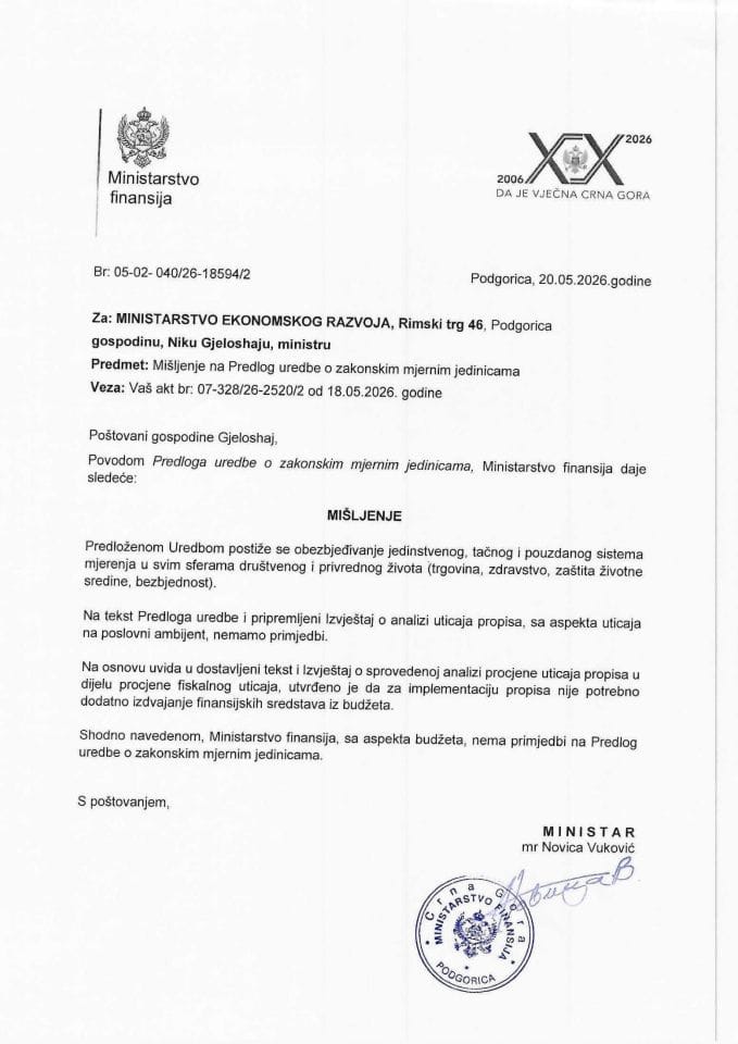 Mišljenje na Predlog uredbe o zakonskim mjernim jedinicama