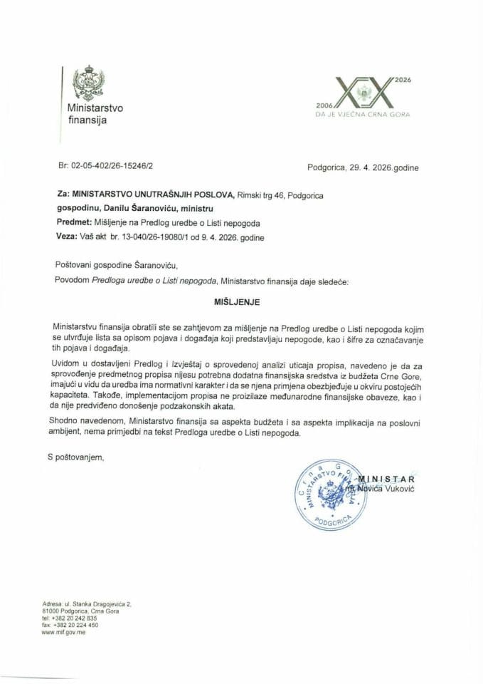 Mišljenje na Predlog uredbe o Listi nepogoda