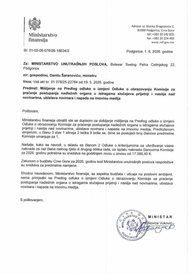 Mišljenje na pred odl o izmj Odluke o obraz Komisije za praćenje postupanja nadležnih organa u istr sluč prijetnji i nasilja nad novinarima