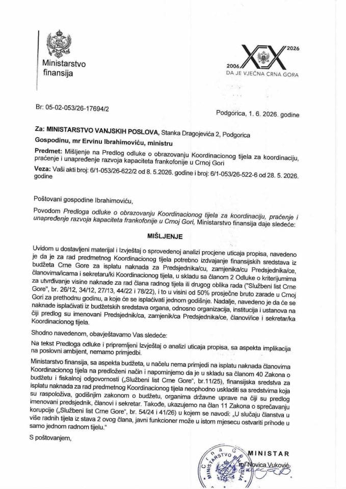 Mišljenje na Predlog odluke o obrazovanju Koordinacionog tijela za koordinaciju, praćenje i unapređenje razvoja kapaciteta frankofonije u CG