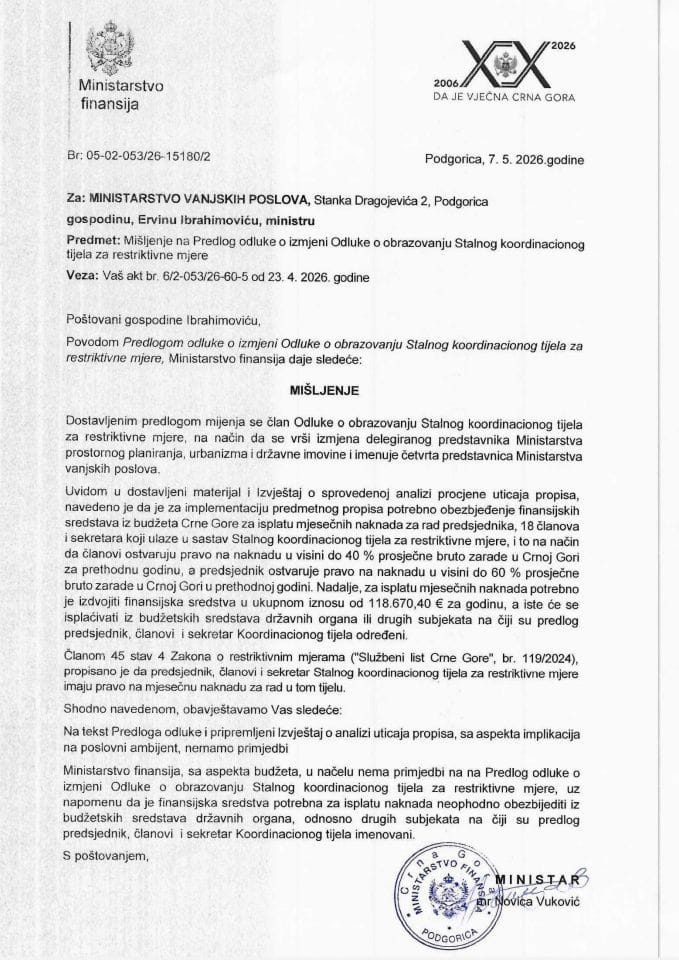 Mišljenje na Odluku o obrazovanju Stalnog koordinacionog tijela za restriktivne mjere