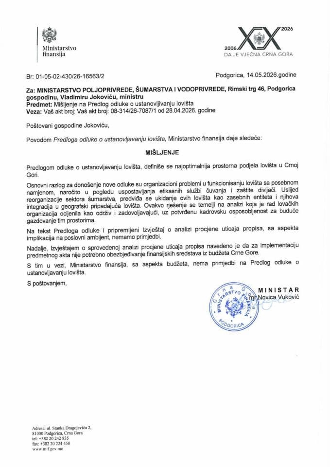 Mišljenje na Predlog odluke o ustanovljavanju lovišta