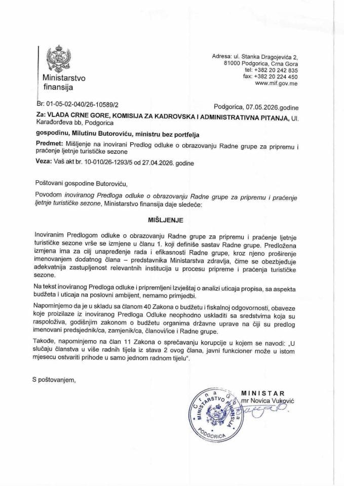 Mišljenje na inovirani Predlog odluke o obrazovanju Radne grupe za pripremu i praćenje ljetnje turističke sezone