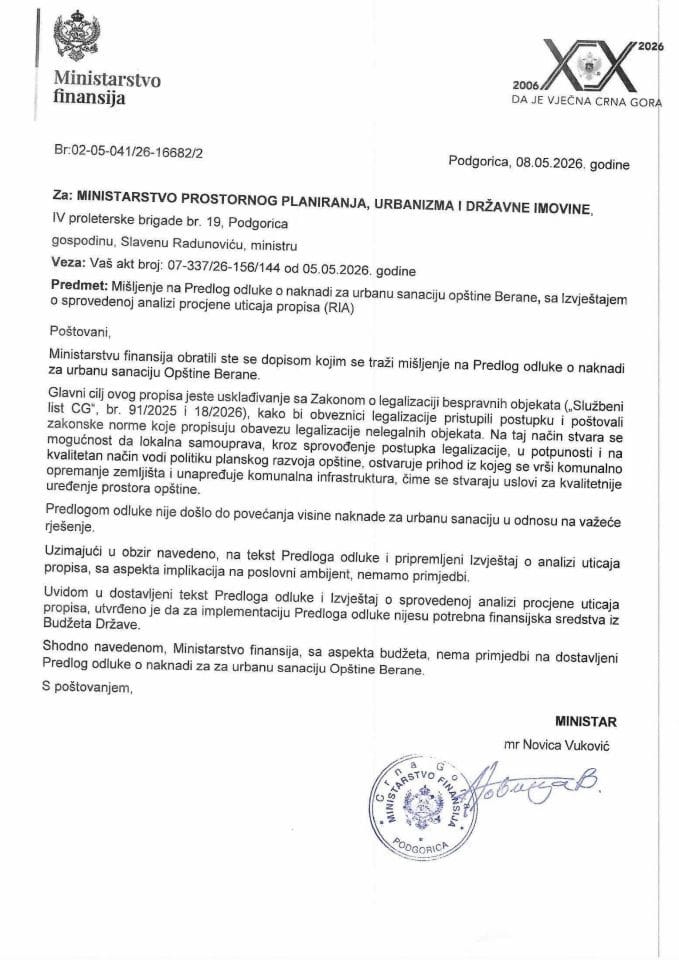 Mišljenje na Predlog odluke o naknadi za urbanu sanaciju opštine Berane, sa izvještajem o sprovedenoj analizi procjene uticaja propisa