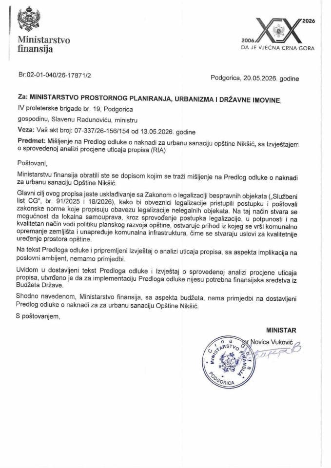 Mišljenje na Predlog odluke o naknadi za urbanu sanaciju opštine Nikšić