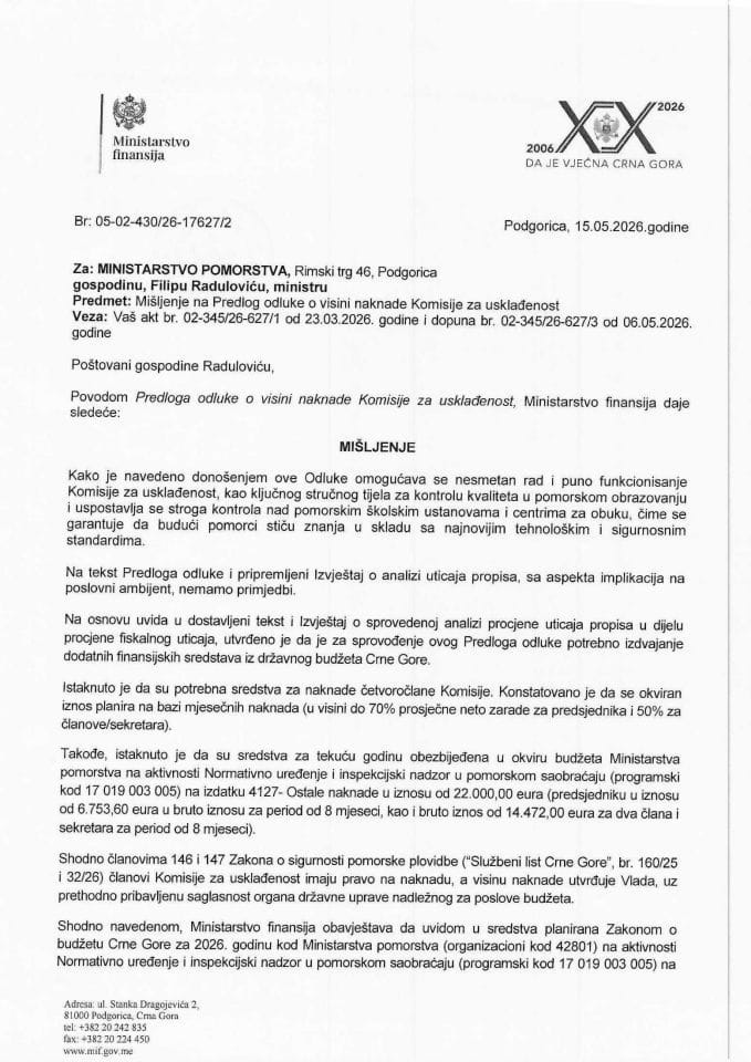Mišljenje na Predlog odluke o visini naknade Komisije za usklađenost