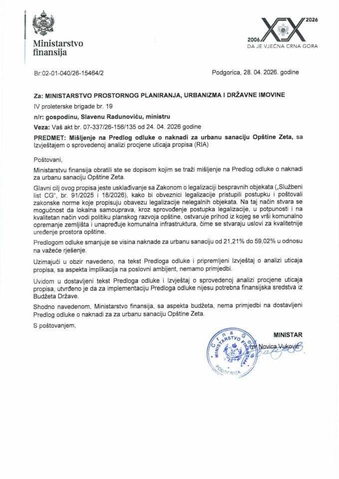 Mišljenje na Predlog odluke o naknadi za urbanu sanaciju opštine Zeta